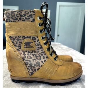 Sorel Lexie Wedge Tan Leopard Print Leather Waterproof Boots Womens 9.5